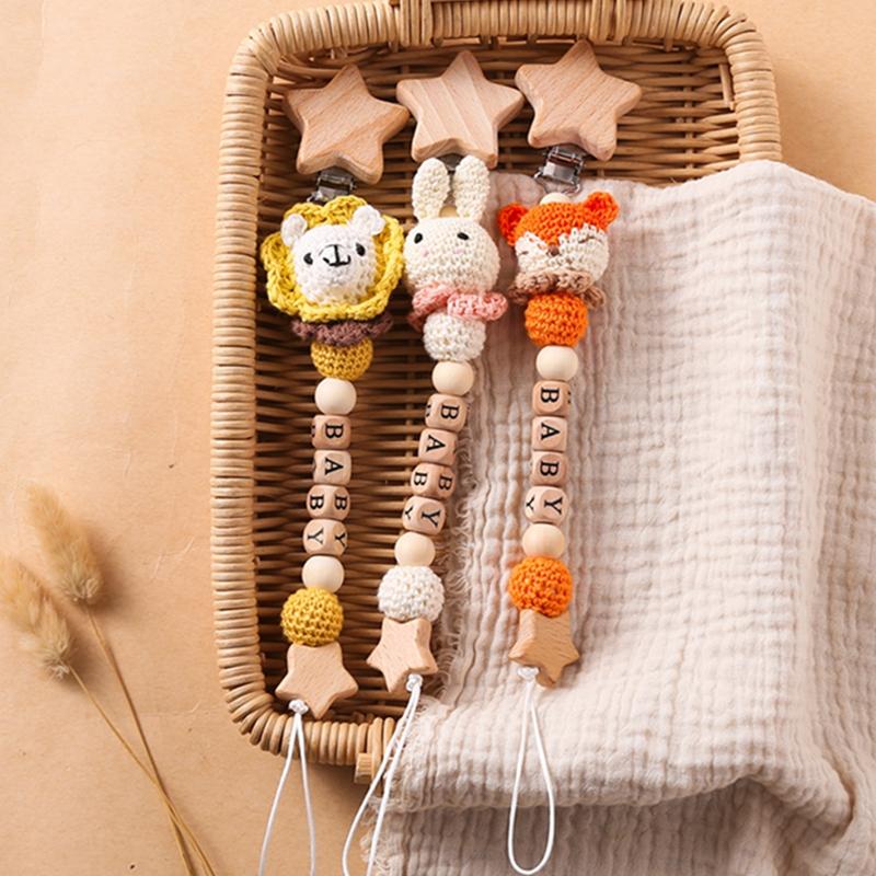 Wooden Personalized Baby Pacifier Chain Bpa Free Crochet Bunny Pacifier Clip Newborn Nipple Holder Teething Baby Accessory Gifts
