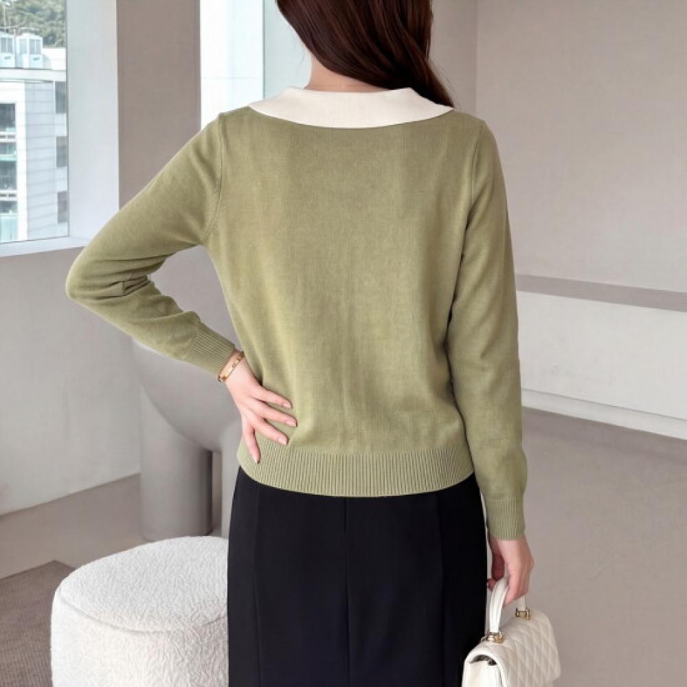 MorriS Coming Home Women S Two Line Color Block Flat Collar Button Knit M2602kn