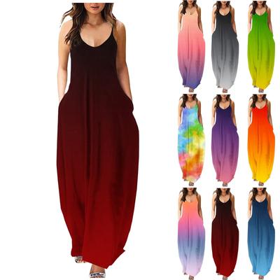 Moda feminina casual sexy impressão em torno do pescoço suspender colete a linha vestido longo