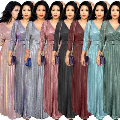 2025 Spring Cross-border European, American and African Women's Fashion Long-sleeved Bronzing Pleated Pendulum Skirt with Belt Bright Pink Dress
