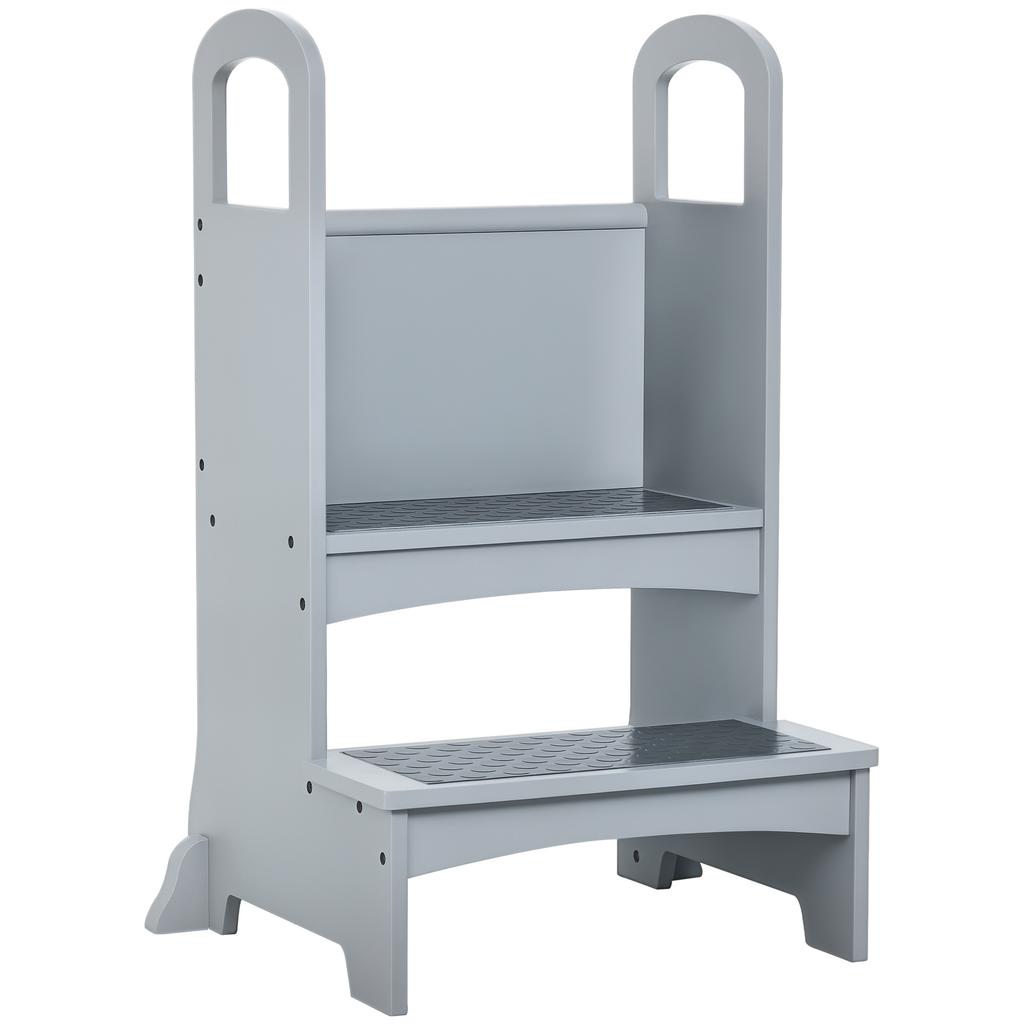 Kids Wooden Step Stool Kitchen Helper w/ Non-Slip Panels Handles Child Toddler Home Help 3 - 8 Yrs Grey