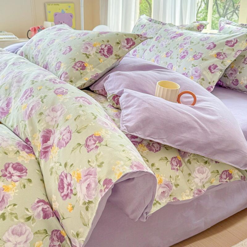 Cotton 4-piece Set Thickened Brushed Fresh Cotton Bed Sheet Quilt Cover Hats Models Dormitory 3-piece Set