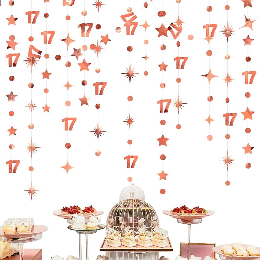 Black 17th Birthday Decorations Number 17 Circle Dot Star Garland Streamer Banner Backdrop for Girls Boys Cheers to 17 Years Old Birthday 17 and