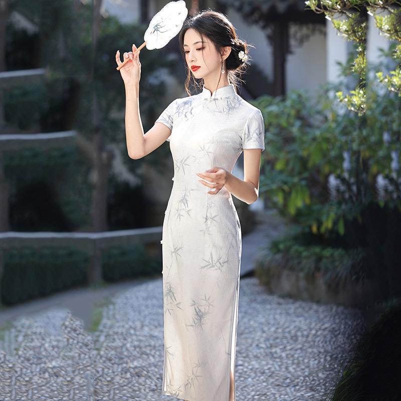 Ink and wash bamboo leaf national style new Chinese long cheongsam improved young women s high-end sense retro summer S