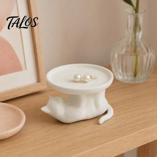 Talos 3D Printed Reclining Cat Jewelry Tray, Cute Ring Holder & Earring Organizer Dish for Dresser Vanity, Decorative Kitten Trinket Bracelets