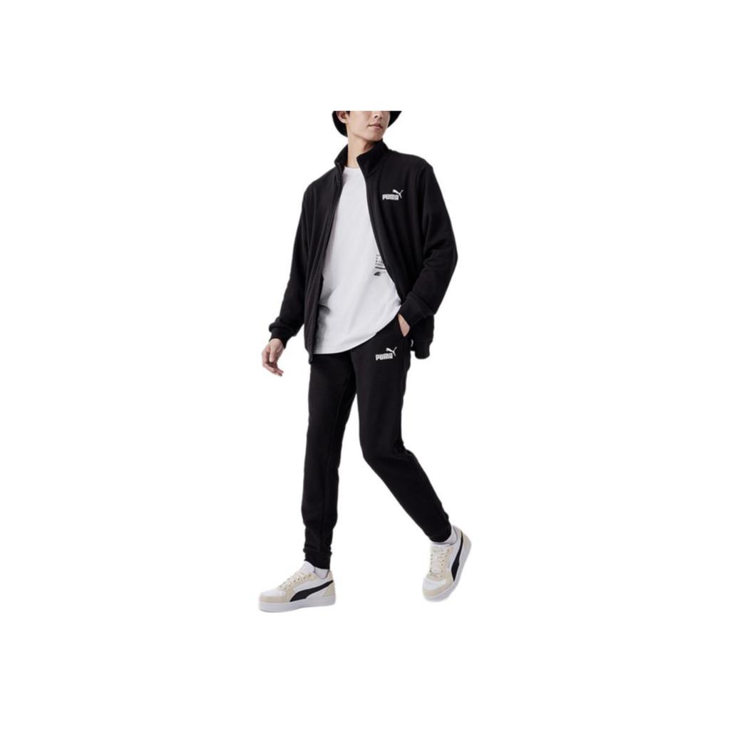 Puma Clean Sweat Suit Logo Print Stand Collar Zip Top Jogger Pants Casual Sports Set Men sweat suit Black 681268-01
