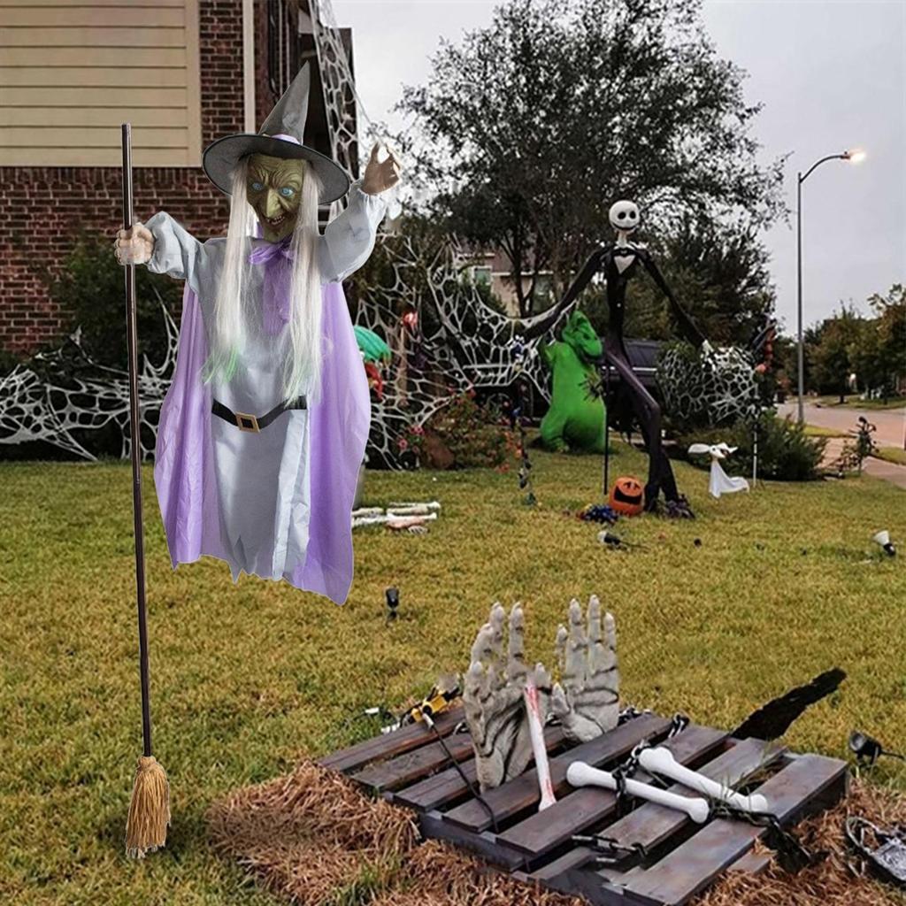180cm/6ft Flying Witch Decoration With Terrifying Sounds & Lights Halloween Props Flying Witch Decor For Garden Yard Lawn Indoor