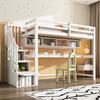 Children's Loft Bed with Storage Staircase 90*200cm, Solid Wood+MDF, Bunk Bed with Large Desk and Shelves, Environmentally Friendly Colors, White