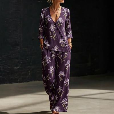 New Plant Branch and Leaf Print V-neck Diagonal Shirt Wide-leg Pants Women's Casual Two-piece Set