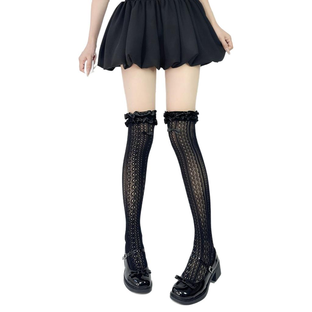 Retro Lolita Lace Bow Over-the-Knee Socks Hollow Lace Mary Jane Sweet Mid-Calf Socks Summer Thin Short Socks