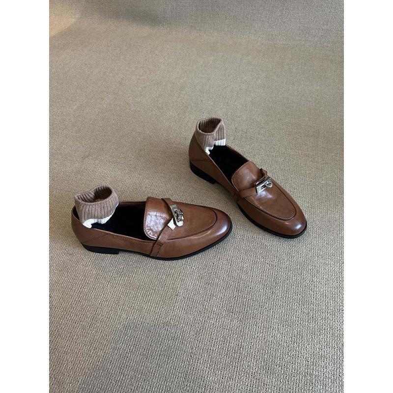 Sheepskin Version~ Genuine Leather Retro Horseback Buckle Loafers Women's Flat Single Shoes Lazy People Pedal British Style Small Leather Shoes