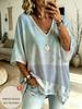 Plus Size Women's Casual V-neck Three-quarter Sleeves, Fluorescent Contrast Stitching Print, Loose and Trendy Street Style Top