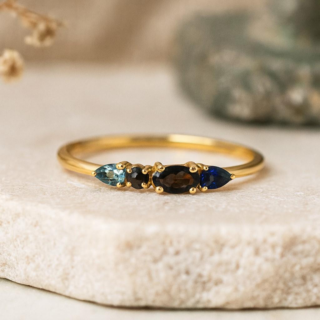 Smokey Quartz Engagement Ring for Women – Yellow Gold Plated Multi-Stone Ring | Sapphire, Aquamarine, Black Feldspar | Anniversary, Promise Gift