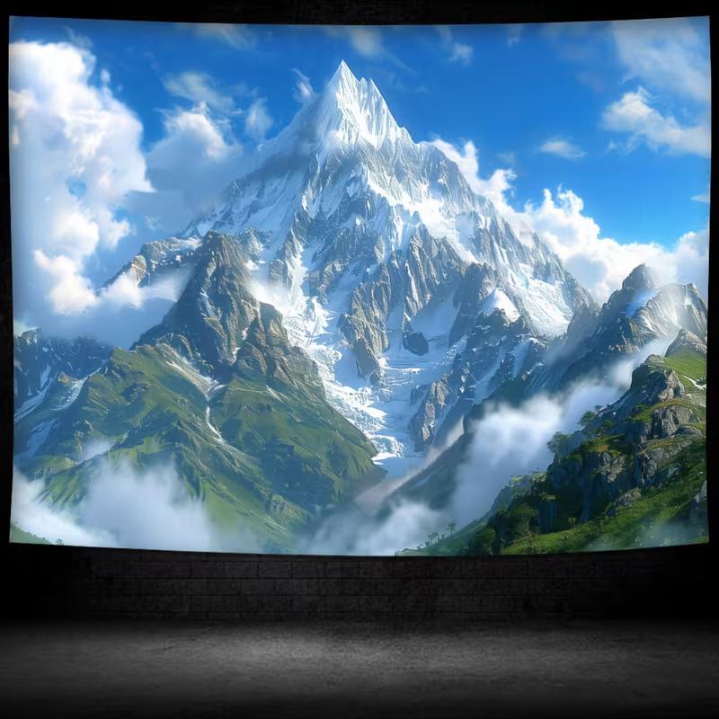 2D Alpine Mountain Tapestry, Majestic Snow Peak & Clouds Wall Art for Home Decor