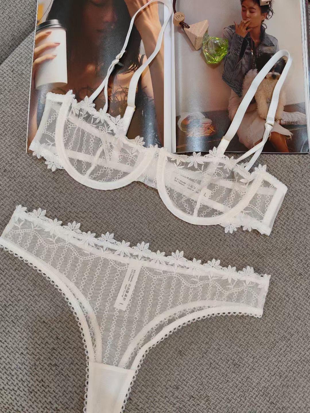 

French sexy underwear ultra-thin half cup embroidered lace bra large chest small size erotic underwear S білий