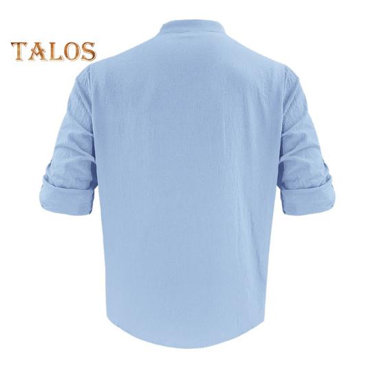 Men Cotton Shirt Long Sleeve Button Down Solid Color Shirt Henry Collar Casual Top with Adjustable Sleeves for Daily Wear Beach Vacation