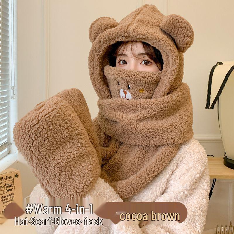 Korean-Style Cute Bear Plush Hat & Scarf Set for Women - Cozy Autumn/Winter Wear