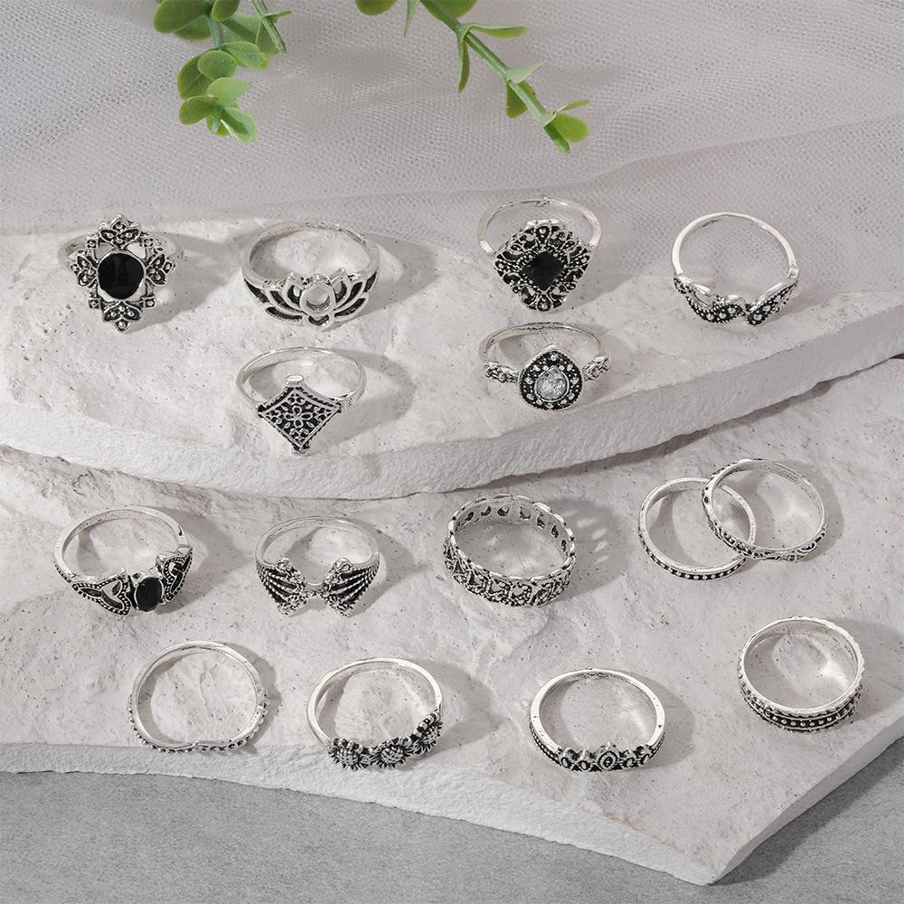 Bohemian Retro Antique Silver Lotus Ring Set for Women - 15 Pieces