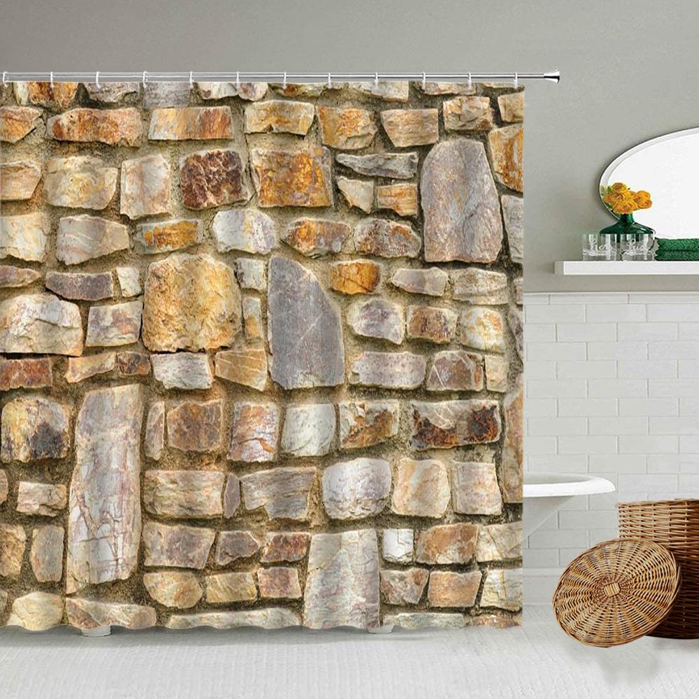 Stone Brick Wall Shower Curtain,Ivy Green Leaves Climbing On Rustic Marble Rocks Stone Wall Fabric Bathroom Shower Curtains