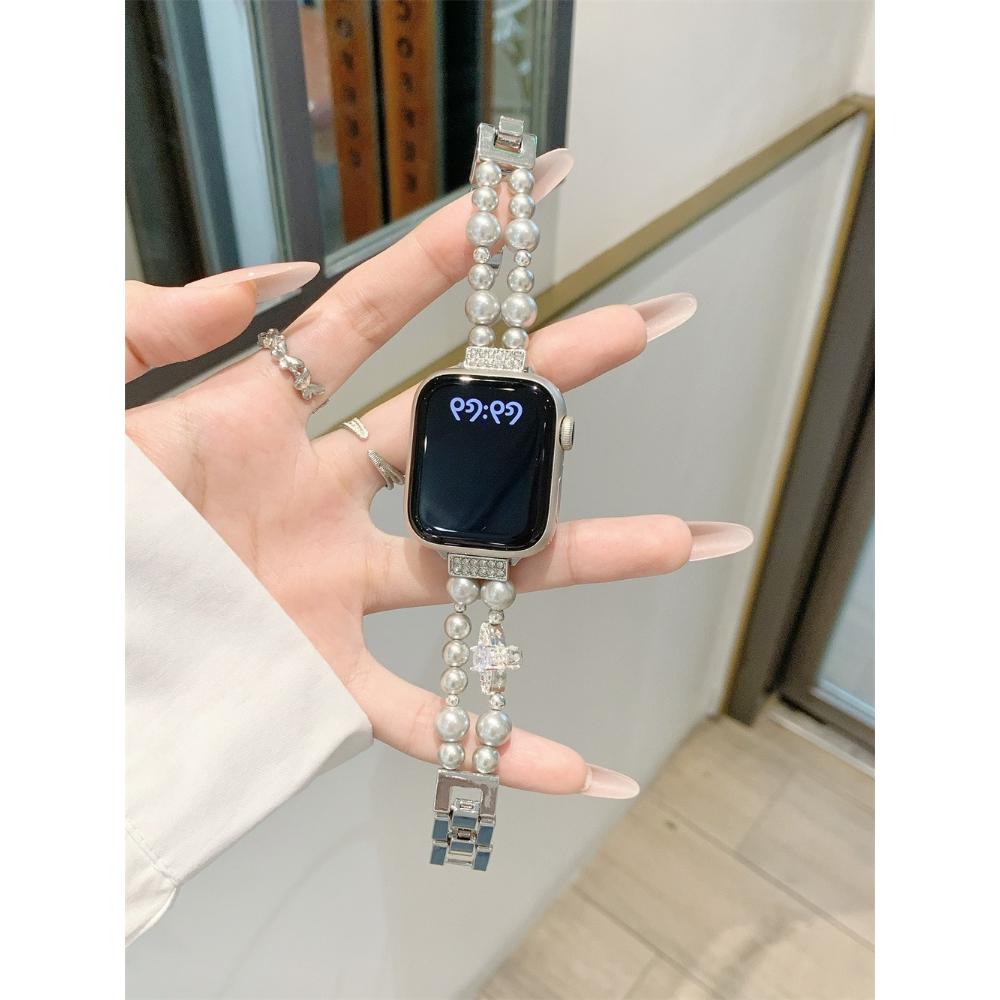 

Pearl Beaded Bracelet for Apple Watch Band 49/46/45/44/42/41/40/38mm Women Chic Diamond Metal Wristband Strap for iWatch S11 10 9 8 42/44/45/46/49 слонова кістка