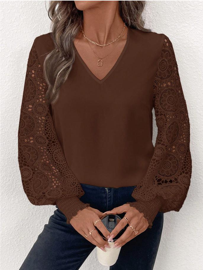 V-Neck Lace Sleeve Women's Pullover Shirt - Available In White, Black, and Dark Red