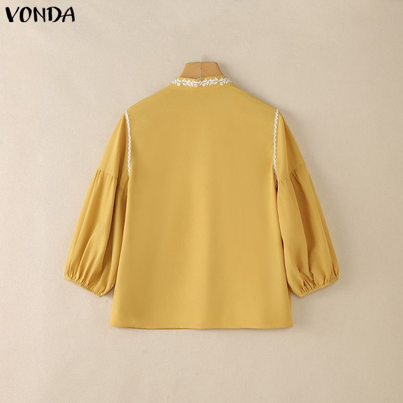 VONDA Summer Women V-Neck 3/4 Sleeve Embroidery Hem Casual Blouse