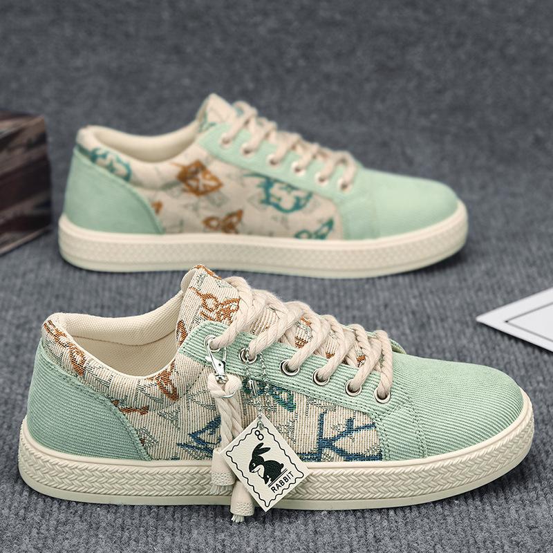 Cloth Breathable Low-Top Board Shoes Men'S Casual Flat-Bottom Sports Color Matching Lace-Up Trendy Men'S Shoes