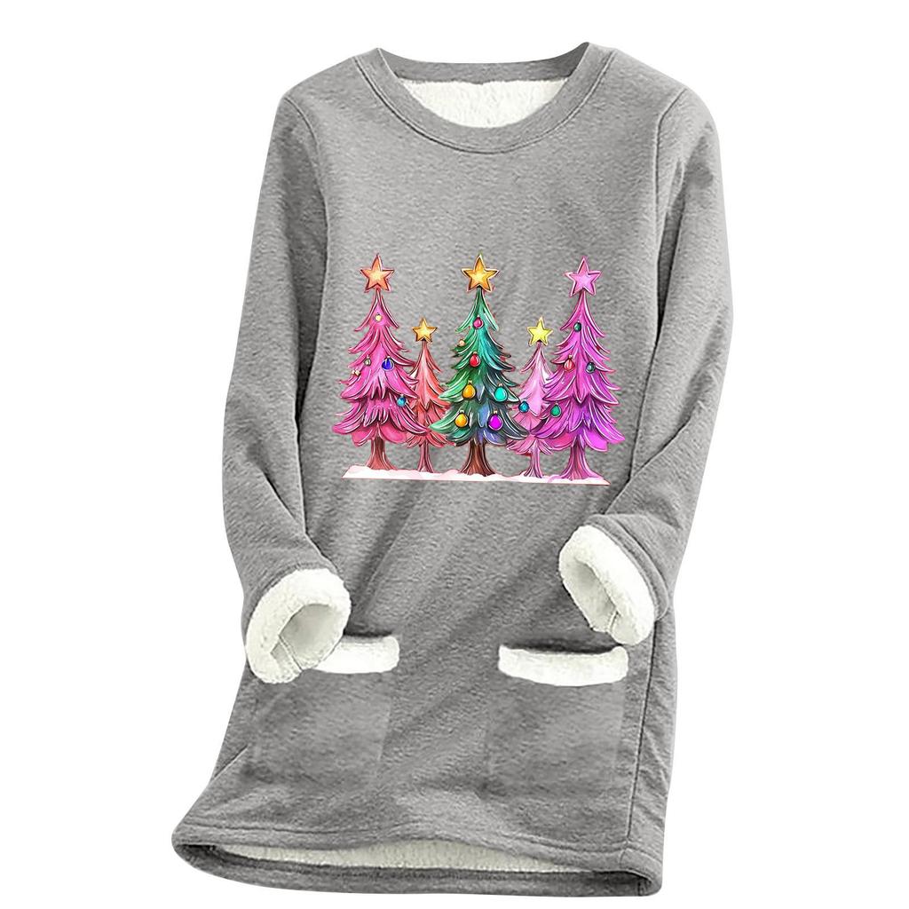 Ladies' Loose And Comfortable Round Neck Christmas Print Thick With Pockets Long Sleeved Top