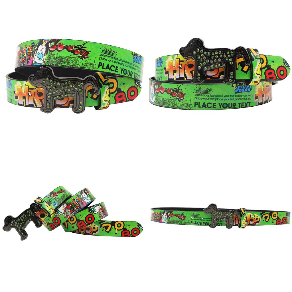 Dog Rhinestone Buckle Smooth Buckle Printed Graffiti Casual Personalized Belt Belt Versatile In Europe and America
