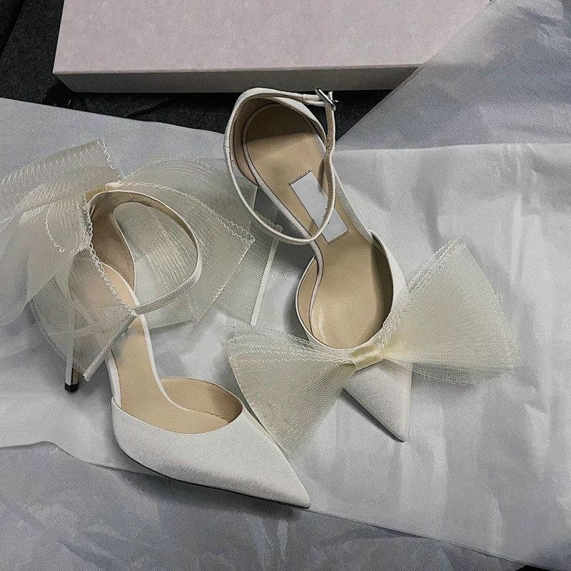 Fashion New One-Line Buckle Sandals Women'S Thin Heels With Bow Dinner Shoes Bun Head High Heels Pointed Shallow Mouth Single Shoes