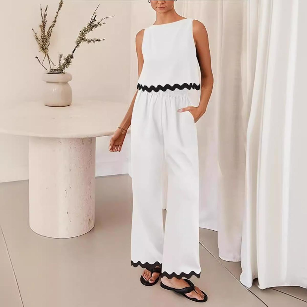 

Женский комплект летний повседневный однотонный безрукавный жилет с круглым вырезом брюки XXXL белый