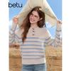 Betu Women's 2025 Fall Button Striped Patchwork Long Sleeve Knit Top