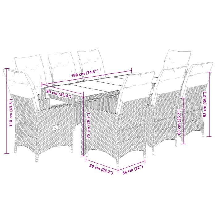 VidaXL Ensemble à manger de jardin et coussins 9 pcs marron poly rotin, ensemble de salle à manger d'extérieur, meuble de 3276774