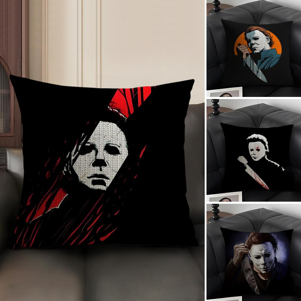 MMichael MMyers Horror Movie Cushion Cover Natural Linen Organic Fabric DoubleSided Printing Sofa Home Decor Gift Pillow Case