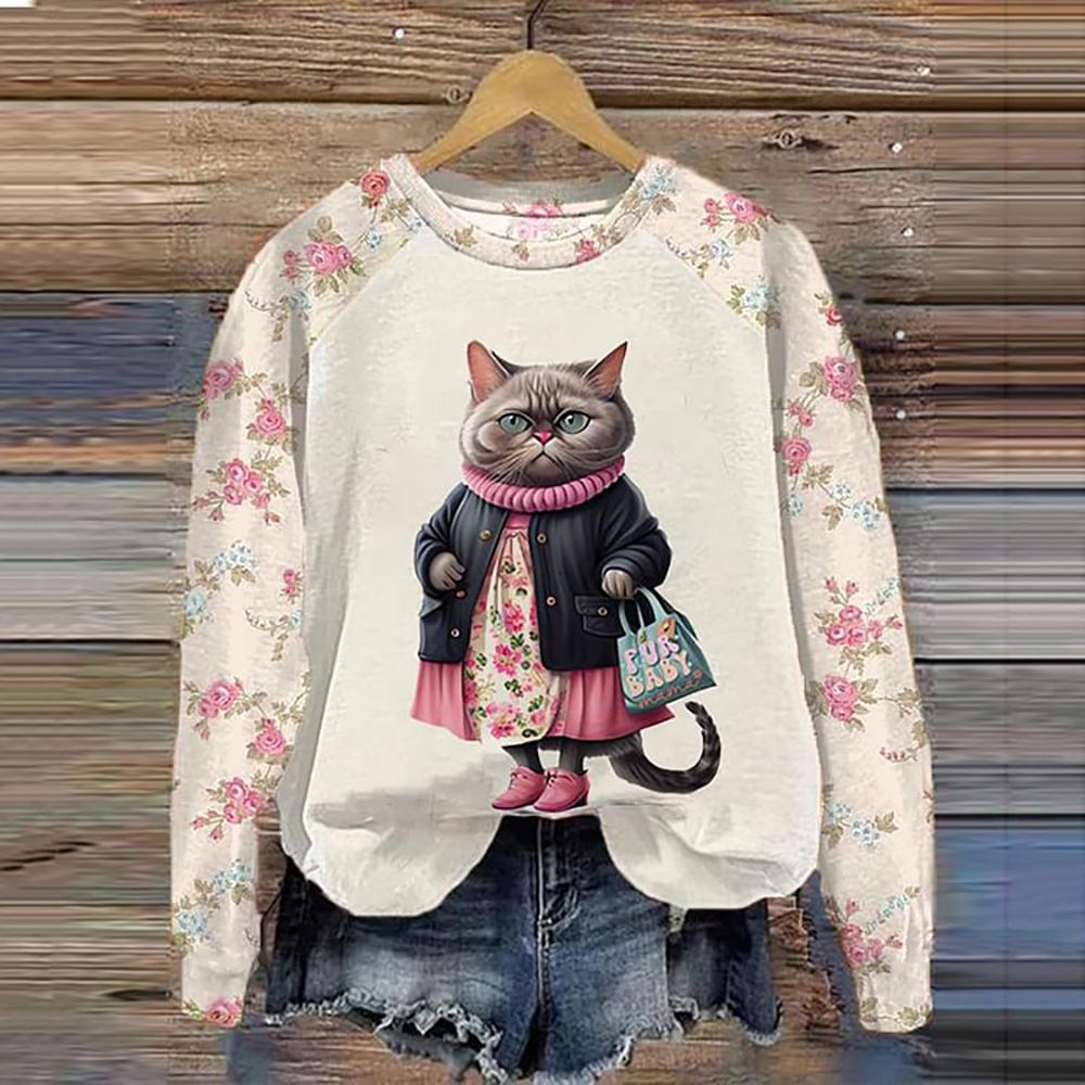 Cotton Long Sleeve T-Shirts For Women Funny Kawaii Cat Animals Print Sweatshirts Female Cute O-Neck Pullover Woman Sweatshirt