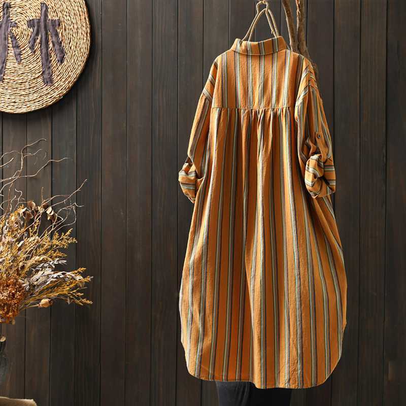 Women Vertical Striped Long Sleeve Shirt Vintage Linen Cotton Loose Midi Shirt Dress Casual Spring Oversized Blouse