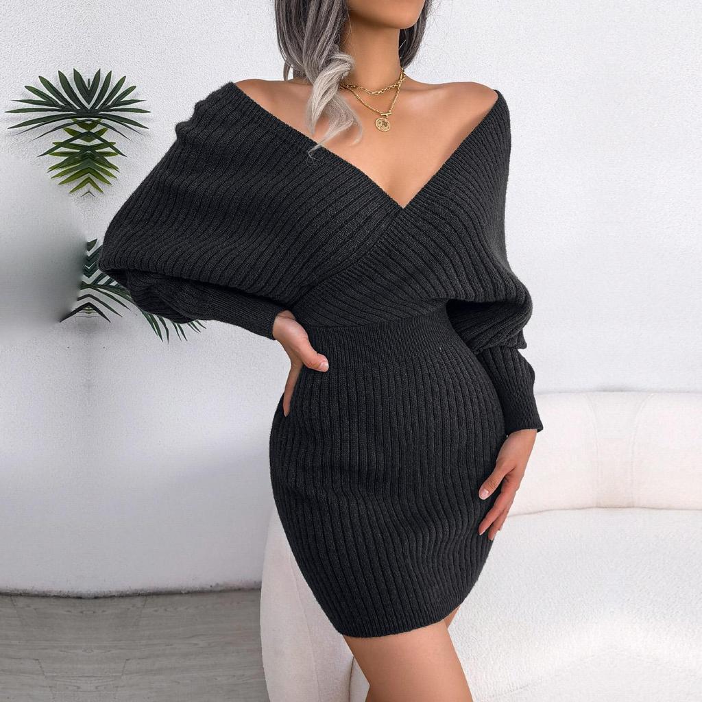 Autumn Winter Sexy Cross V Neck Batswing Sleeve Solid Color Wrap Hip Woolen Knit Dress