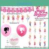 Barbie Doll Themed Purple Birthday Party Decoration Set With Cartoon Flags, Latex Balloons, And Cake Toppers