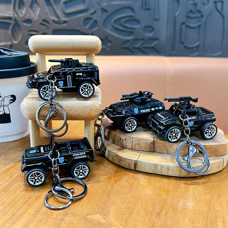 Creative Military Police Car Toy Keychain Pendant Simulation Tank Car Fun Pull Back Car Stress Relief Toy Bag Hanging Small Gift