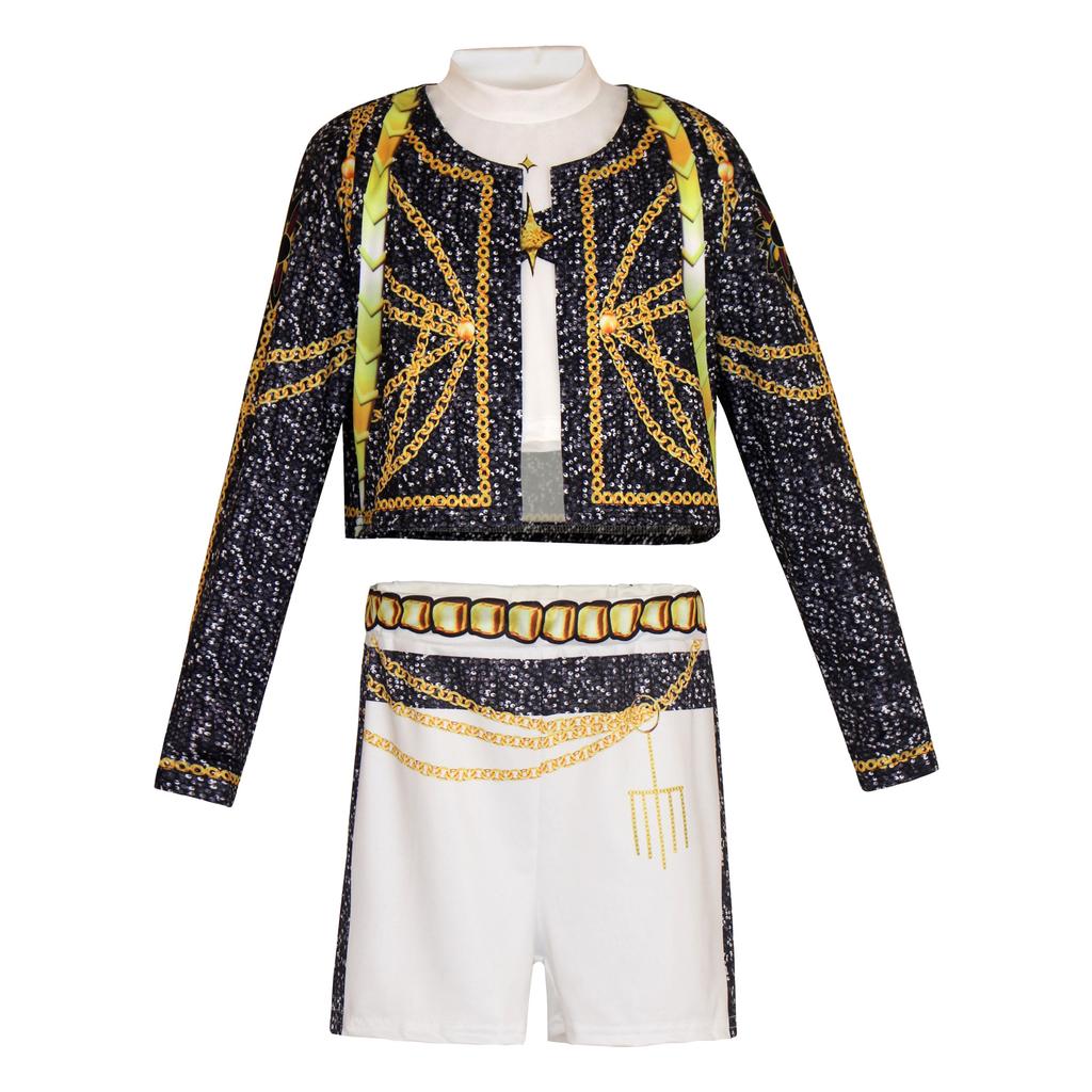 Girls POP Singer Hunters Stage Performance Printing Outfit Halloween Cosplay Costume for Carnival Party Pretend Game Role Playing Dress Up Suit