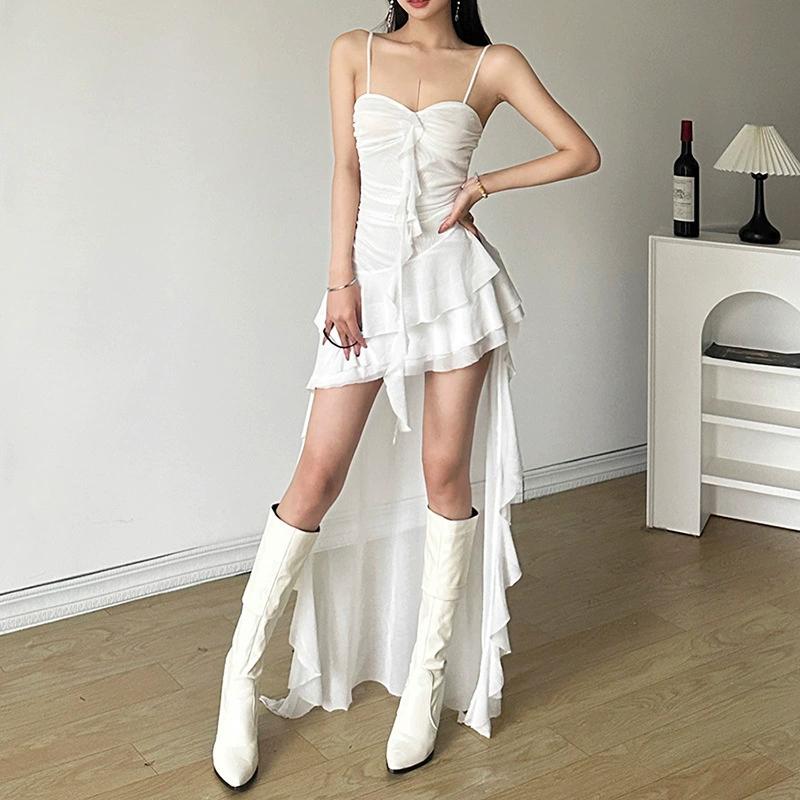 Vestido sexy de malla con volantes irregulares, alto bajo, blanco y negro, sin mangas, vestidos largos, ropa de verano para mujer