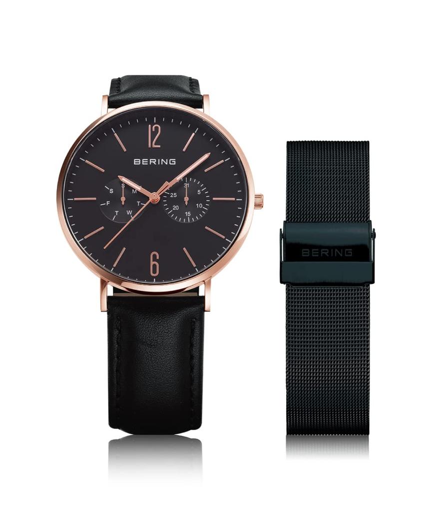 BERING Black Calf Leather Black Stainless with Two Mesh Rose Gold Sapphire Officially Pair Pair Model (Bering) Men's & Women's (Unisex) Watch, &