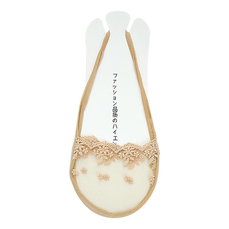 Women’s Lace Low-Cut Cotton Invisible Socks with Strap Heel and Anti-Slip Design