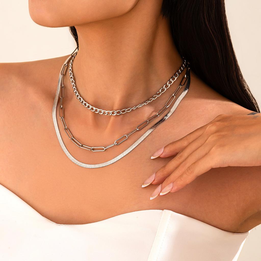 Punk multi-layer snake bone box chain necklace, personalized metal mixed and matched chain simple necklace