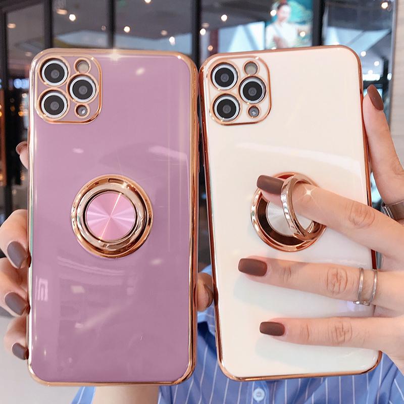Soft Square Phone Case For iPhone 11 12 13 14 15 Pro Max XS X XR 7 8 Plus SE  Mini Stand Ring Silicone Shockproof Cover