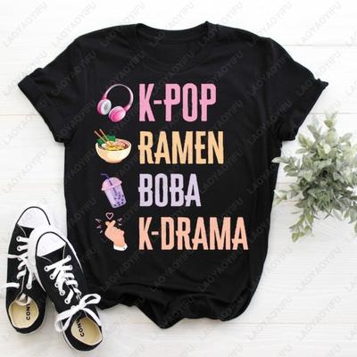 KPop Hand Symbol Men Women Tops Ramen Bubble Tea Boba South Korea Music Lover Cotton TShirt Gifts K Drama Girl Boy Daughter Tees