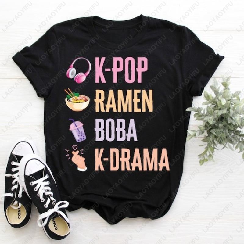 KPop Hand Symbol men women tops Ramen Bubble Tea Boba South Korea Music Lover cotton TShirt Gifts K drama Girl Boy Daughter tees