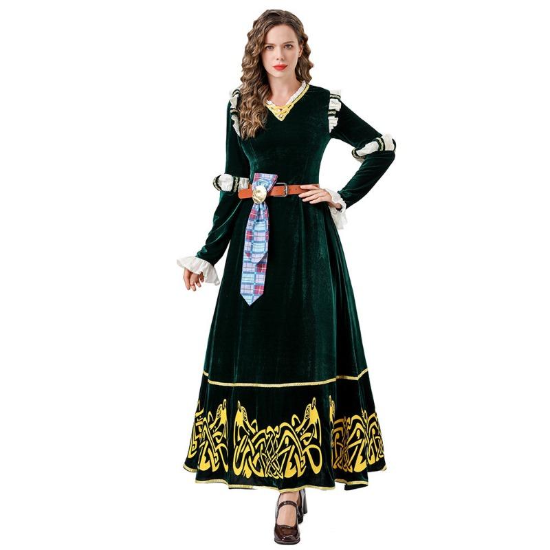Halloween Costume Medieval Court Style, Retro Dark Green Dress Brave Legend Merida CO Cosplay