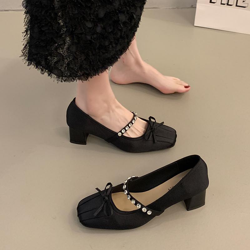 Fashion Square Head Shallow Mouth Butterfly Knot Rhinestones with Single Shoes Spring New Anti-slip Wear-resistant Thick Heel Shoes