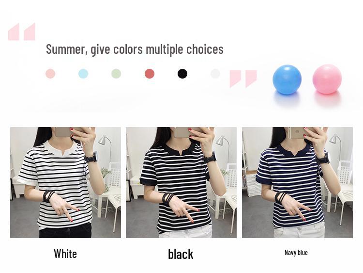 2024 Summer V-neck Korean Style Loose Fit Short Sleeve T-shirt for Women